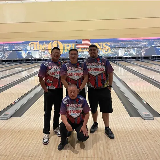 Four bowlers in Las Vegas jerseys at The Orleans bowling centre